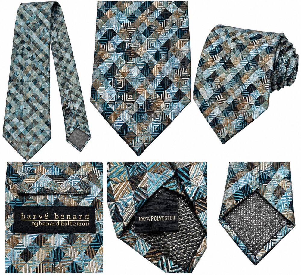 Harvé Benard by Benard Holtzman Men’s Geometric Pattern Necktie Blue Brown Tan